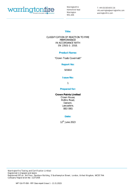 REACTION TO FIRE - CLASSIFICATION REPORT EUI-22-000041