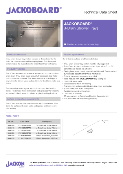 JACKOBOARD® J-Drain Shower Tray Technical Data Sheet