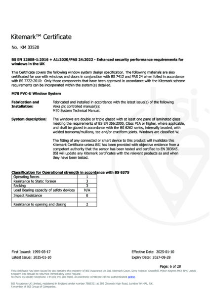 M70 PVC-U Window System Kitemark™ Certificate - No. KM 33520