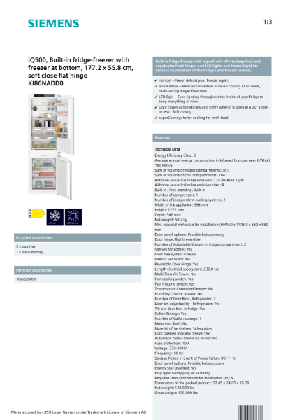 iQ500, Built-in fridge-freezer with freezer at bottom, 177.2 x 55.8 cm, soft close flat hinge KI86NADD0