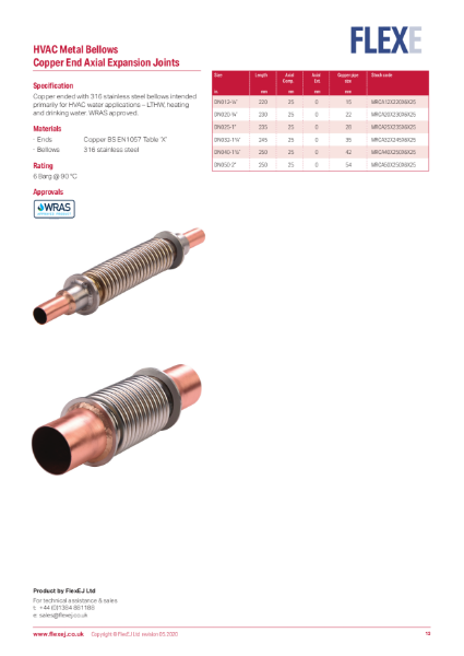 Product Data Sheet - HVAC Range Copper End Axial Expansion Joints