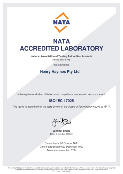 NATA Accredited Laboratory Certification