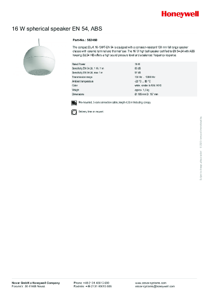 582460 16 Watt Spherical Loudspeaker EN54-24