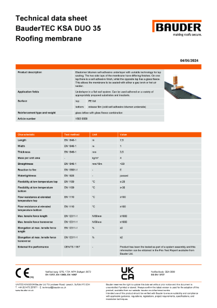 BauderTEC KSA DUO 35 Underlayer - Technical Data Sheet