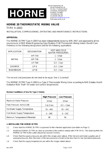 Instructions - Horne 20 Thermostatic Mixing Valve