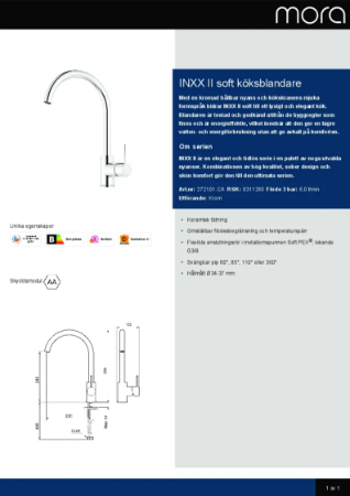 INXX II Soft Köksblandare Produktblad