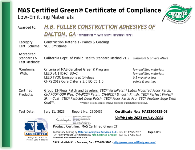 MAS Certified Green CDPH VOC Emissions Certificate