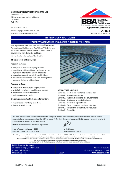 BBA Certificate -  In plane GRP, Factory Assembled Insulated Rooflights (FAIRs)