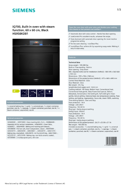 iQ700, Built-in oven with steam function, 60 x 60 cm, Black HS958KDB1