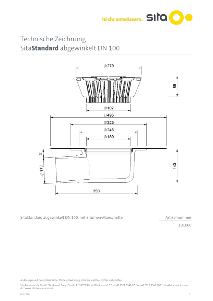 DN100 SitaStandard Angled Roof Outlet - Technical Drawing