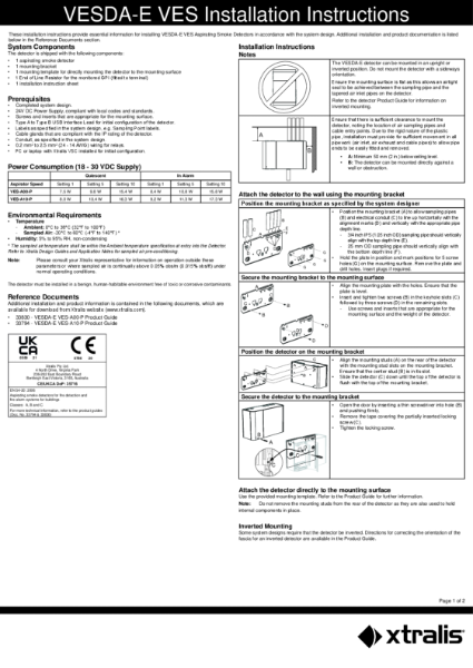 XTRALIS VESDA VES installation sheet