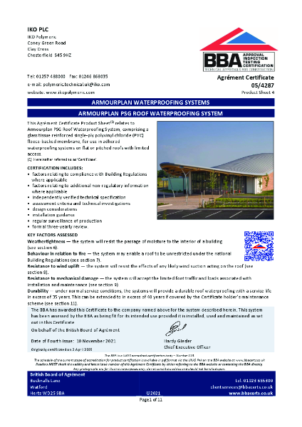 BBA Certificate - IKO Armourplan PSG