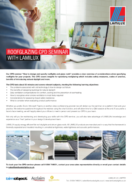 Book a CPD: How to design and specify rooflights and glass roofs seminar flyer