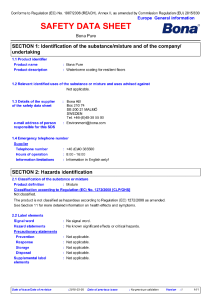 Bona Pure - Safety Data Sheet