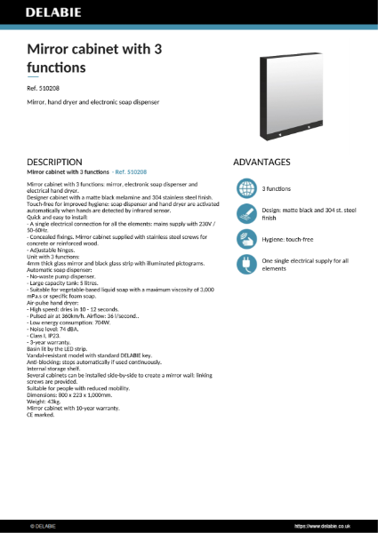 Mirror cabinet with 3 functions Product Data Sheet - Ref. 510208