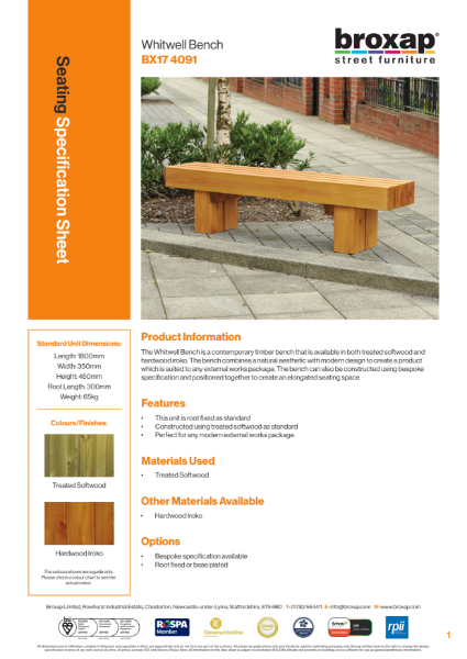 Whitwell Bench Specification Sheet