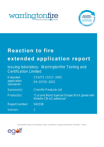 EN 15725 : 2023 Warrington Fire - Reaction to fire classification report for Cut and Bond