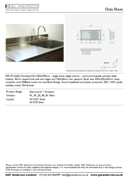 GEC Anderson Data Sheet - DR147 (G65)R Single Bowl With Drainer