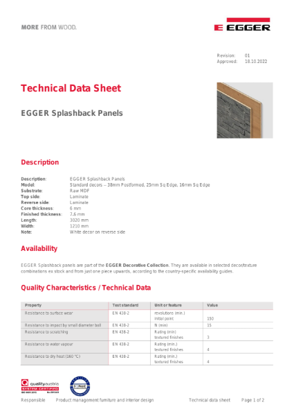 Technical Datasheet - Splashback (Worktop Accessories)