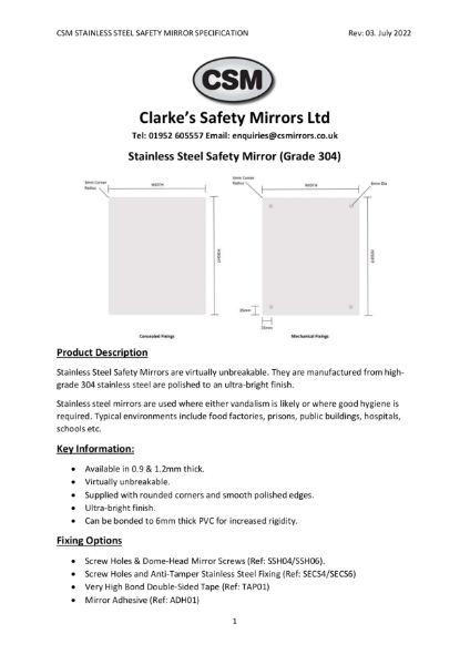 CSM Stainless Steel Safety Mirror Specification Rev03