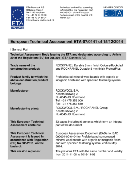 European Technical Assessment ETA-07/0141 Certificate