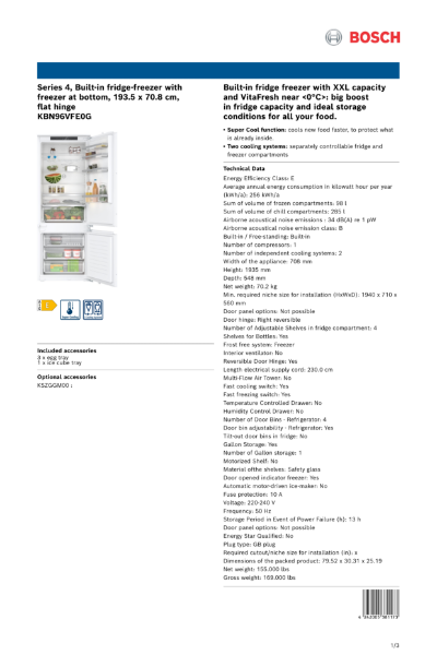 Series 4, Built-in fridge-freezer with
freezer at bottom, 193.5 x 70.8 cm,
flat hinge
KBN96VFE0G