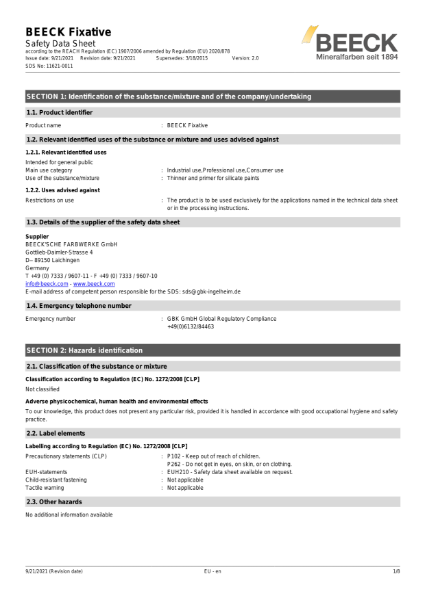 Beeck Fixative - Safety Data Sheet