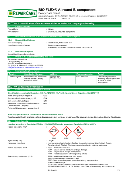 BIO FLEX ALL ROUND Component B Safety Data Sheet