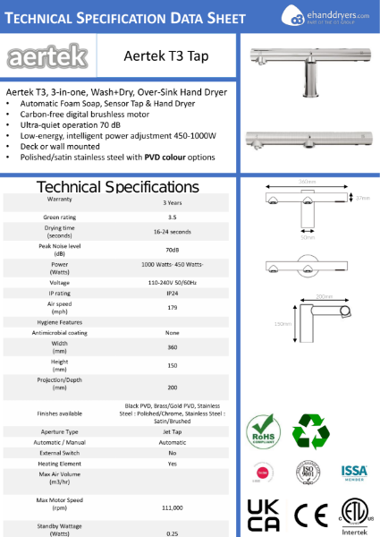 Aertek T3 Wash+Dry, Over-Sink Hand Dryer Tap, Tech Specs, Data Sheet