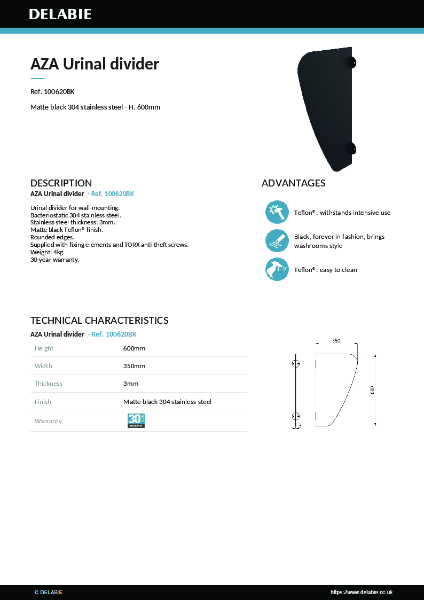 AZA Urinal Divider 100620BK data sheet