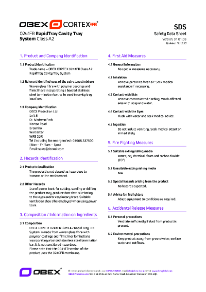 OBEX CORTEX 0241FR RapidTray Cavity Tray System_SDS