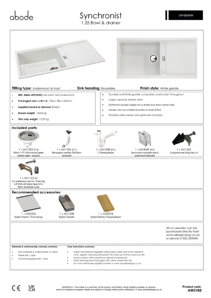 Synchronist Sink Large. 1.25 Bowl with Drainer. Matt White. Specification Sheet.
