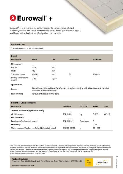 Eurowall + full fill cavity wall insulation technical datasheet