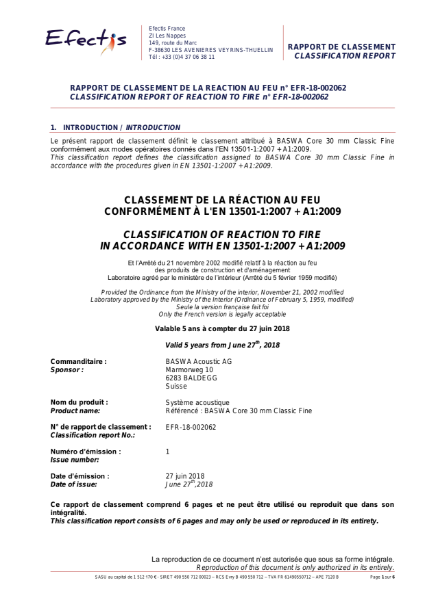 Classification of reaction to fire - BASWA Core Classic Fine 