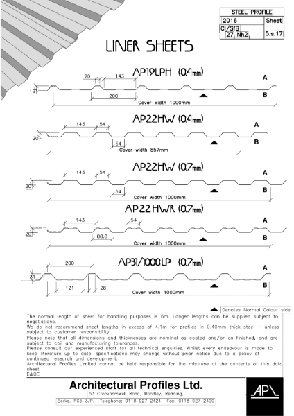 APL Liner Profiles - Roofing & Cladding - Data Sheet