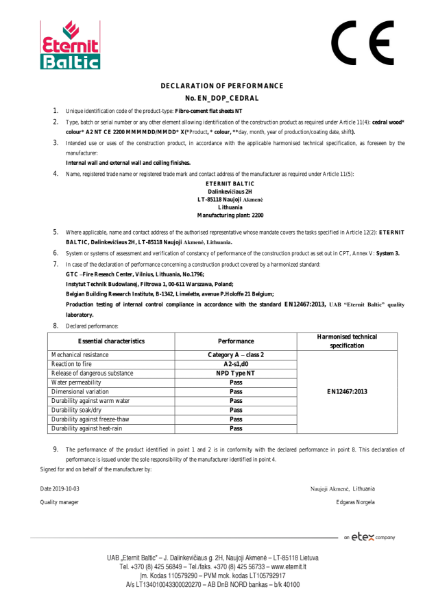 Cedral Sidings Akmene Declaration of Performance