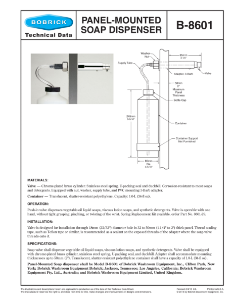 Panel-Mounted Soap Dispenser - B8601