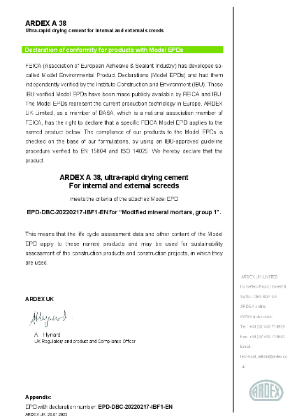 ARDEX A 38 Environmental Product Declaration (EPD) 