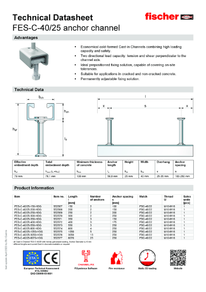 FES-C-40/25 anchor channel - Technical Datasheet