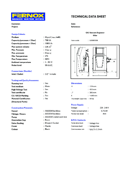 53000108 CA1 Vacuum Degasser 6 Bar Data Sheet
