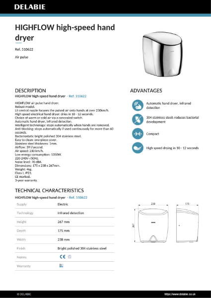 Highflow Hand Dryer - Bright Polished Product Data Sheet