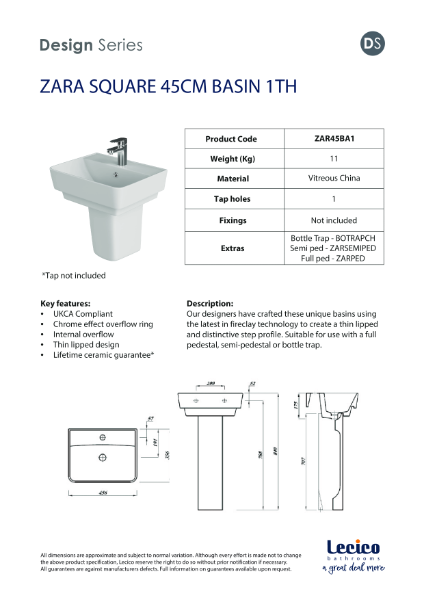 ZARA SQUARE 45CM BASIN 1TH