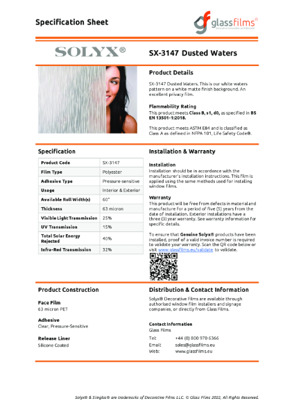 SX-3147 Dusted Waters Specification Sheet