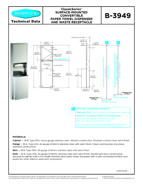 ClassicSeries® Surface-Mounted Convertible Paper Towel Dispenser and Waste Receptacle - B-3949