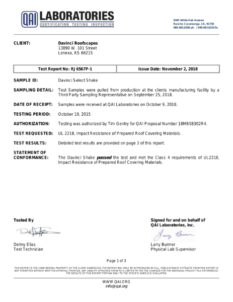 DaVinci Select Shake UL2218 Hail Impact Testing
