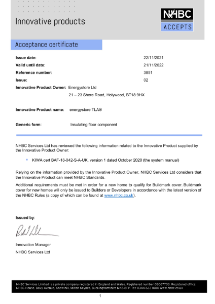 NHBC Acceptance Certificate - energystore TLA