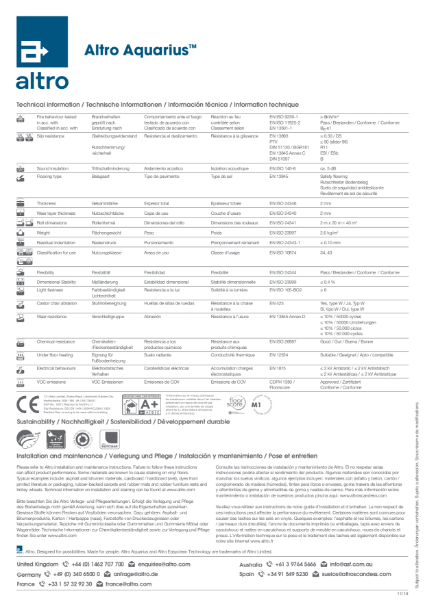 Altro Aquarius Technical Data Sheet