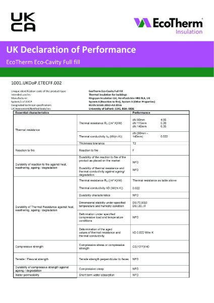 Eco-Cavity Full Fill Insulation Declaration of Performance - 09/23