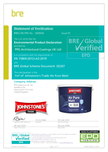 Environmental Product Declaration (EPD) BREG EN EPD No: 000504 Johnstone's Trade Air Pure Matt