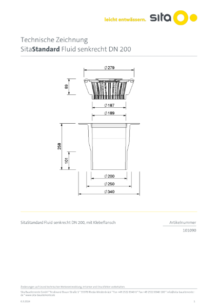 DN200 SitaStandard Fluid Vertical Roof Outlet - Technical Drawing